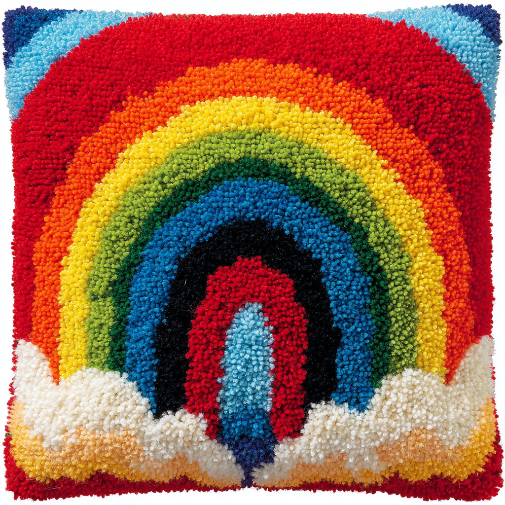 DL-YTG Rainbow Latch Hook Kit For Pillow/Cushion | 42x42cm (16x16") DIY, Includes Pre-printed Canvas, Yarn, Hook | Arts & Crafts For Adults & Kids