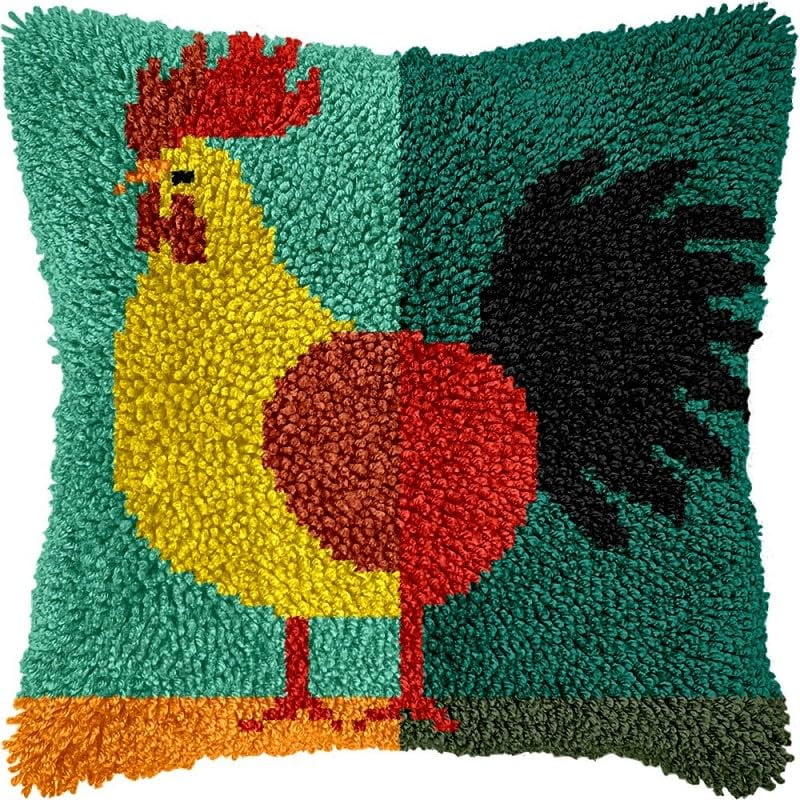 Latch Hook Pillow Kits Rooster DIY Pillowcase Crochet Hook Cushion Making Kits with Preprinted Pattern Canvas Instruction Yarns Pillow Cover Easy Starter Kits 43x43cm（J294)