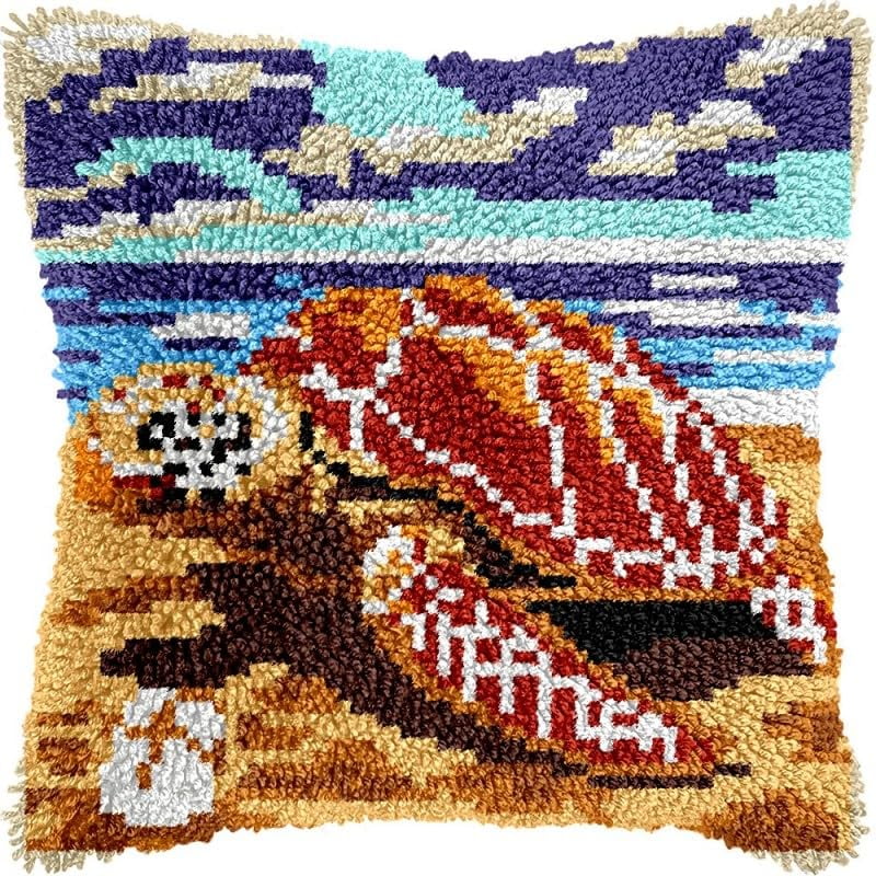 Latch Hook Pillow Kits Sea Turtle on Beach DIY Pillowcase Crochet Hook Cushion Making Kits with Preprinted Pattern Canvas Instruction Yarns Pillow Cover Easy Starter Kits 43x43cm（J256)
