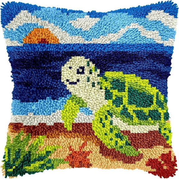 Latch Hook Pillow Kits Sea Turtle DIY Pillowcase Crochet Hook Cushion Making Kits with Preprinted Pattern Canvas Instruction Yarns Pillow Cover Easy Starter Kits 43x43cmJ298)
