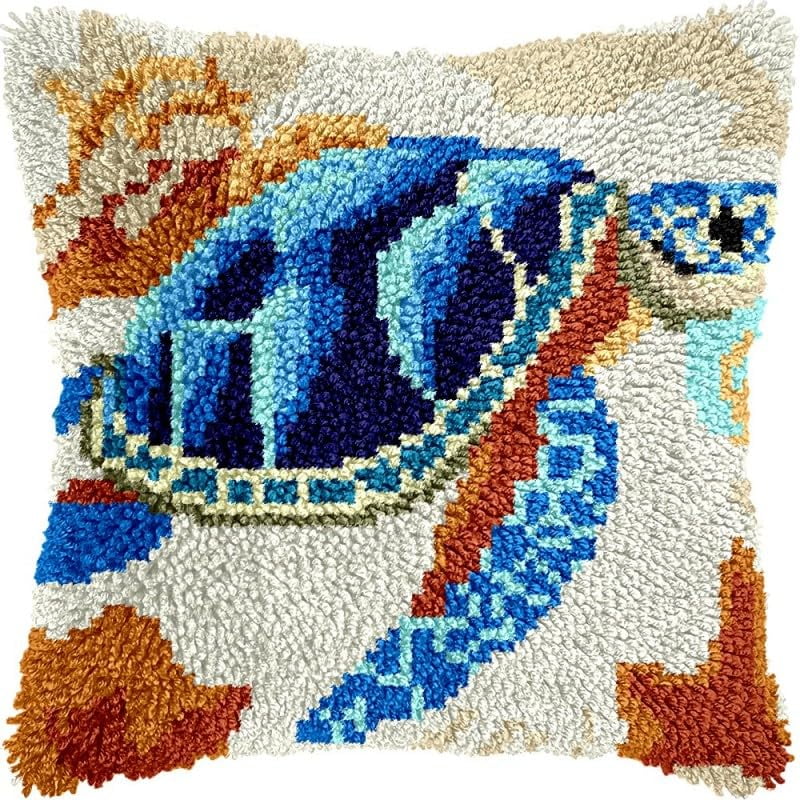 Latch Hook Pillow Kits Sea Turtle DIY Pillowcase Crochet Hook Cushion Making Kits with Preprinted Pattern Canvas Instruction Yarns Pillow Cover Easy Starter Kits 43x43cm（J218)