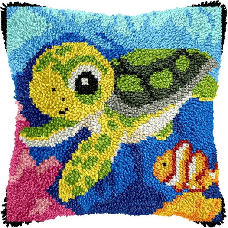 Latch Hook Pillow Kits Sea Turtle DIY Pillowcase Crochet Hook Cushion Making Kits with Preprinted Pattern Canvas Instruction Yarns Pillow Cover Easy Starter Kits 43x43cm（J315)