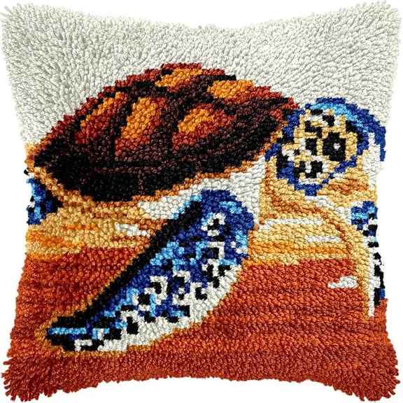 Latch Hook Pillow Kits Sea Turtle DIY Pillowcase Crochet Hook Cushion Making Kits with Preprinted Pattern Canvas Instruction Yarns Pillow Cover Easy Starter Kits 43x43cmJ144)