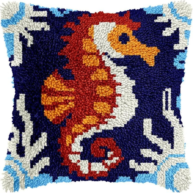 Latch Hook Pillow Kits Seahorse DIY Pillowcase Crochet Hook Cushion Making Kits with Preprinted Pattern Canvas Instruction Yarns Pillow Cover Easy Starter Kits 43x43cm（J103)