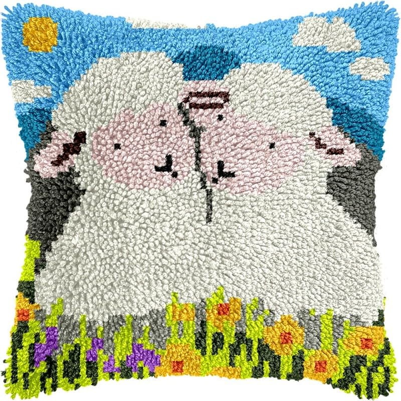 Latch Hook Pillow Kits Sheep DIY Pillowcase Crochet Hook Cushion Making Kits with Preprinted Pattern Canvas Instruction Yarns Pillow Cover Easy Starter Kits 43x43cm（J185)