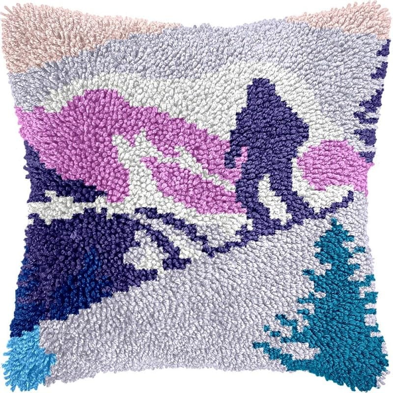 Latch Hook Pillow Kits Skiing Player DIY Pillowcase Crochet Hook Cushion Making Kits with Preprinted Pattern Canvas Instruction Yarns Pillow Cover Easy Starter Kits 43x43cm（J337)