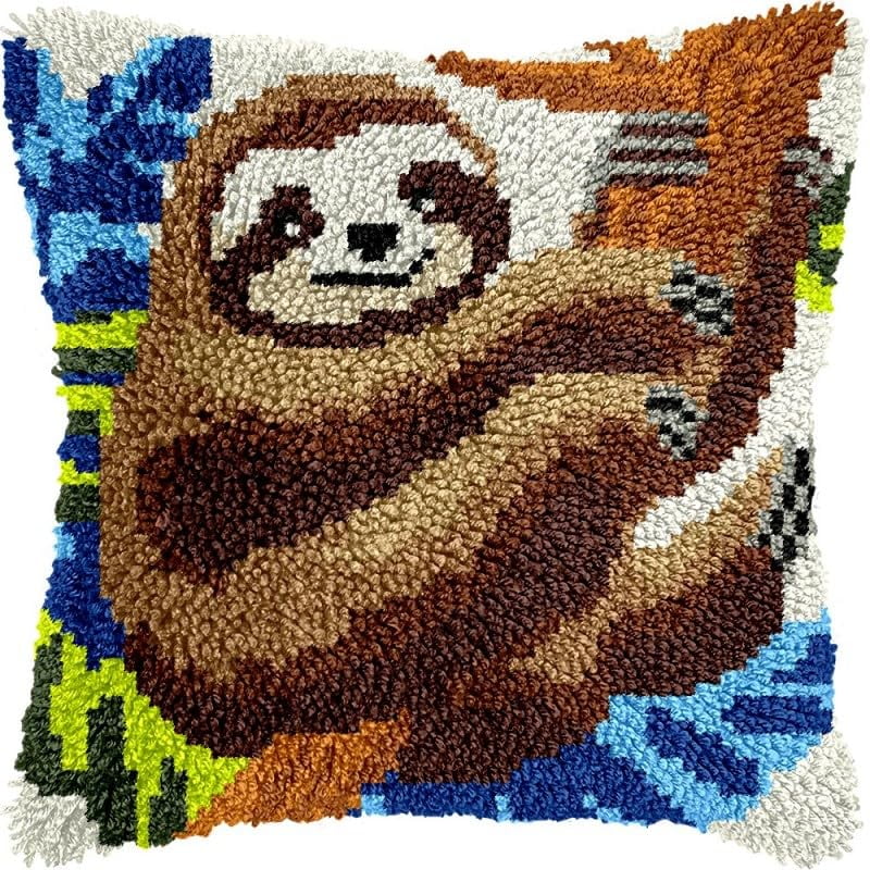 Latch Hook Pillow Kits Sloth on Tree DIY Pillowcase Crochet Hook Cushion Making Kits with Preprinted Pattern Canvas Instruction Yarns Pillow Cover Easy Starter Kits 43x43cm（J190)