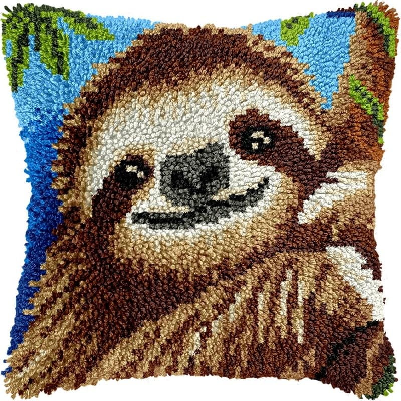 Latch Hook Pillow Kits Sloth on Tree DIY Pillowcase Crochet Hook Cushion Making Kits with Preprinted Pattern Canvas Instruction Yarns Pillow Cover Easy Starter Kits 43x43cm（J197)