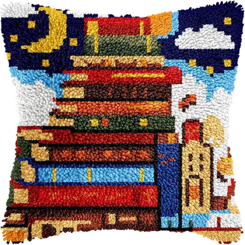 Latch Hook Pillow Kits Stack of Books DIY Pillowcase Crochet Hook Cushion Making Kits with Preprinted Pattern Canvas Instruction Yarns Pillow Cover Easy Starter Kits 43x43cm（J33)