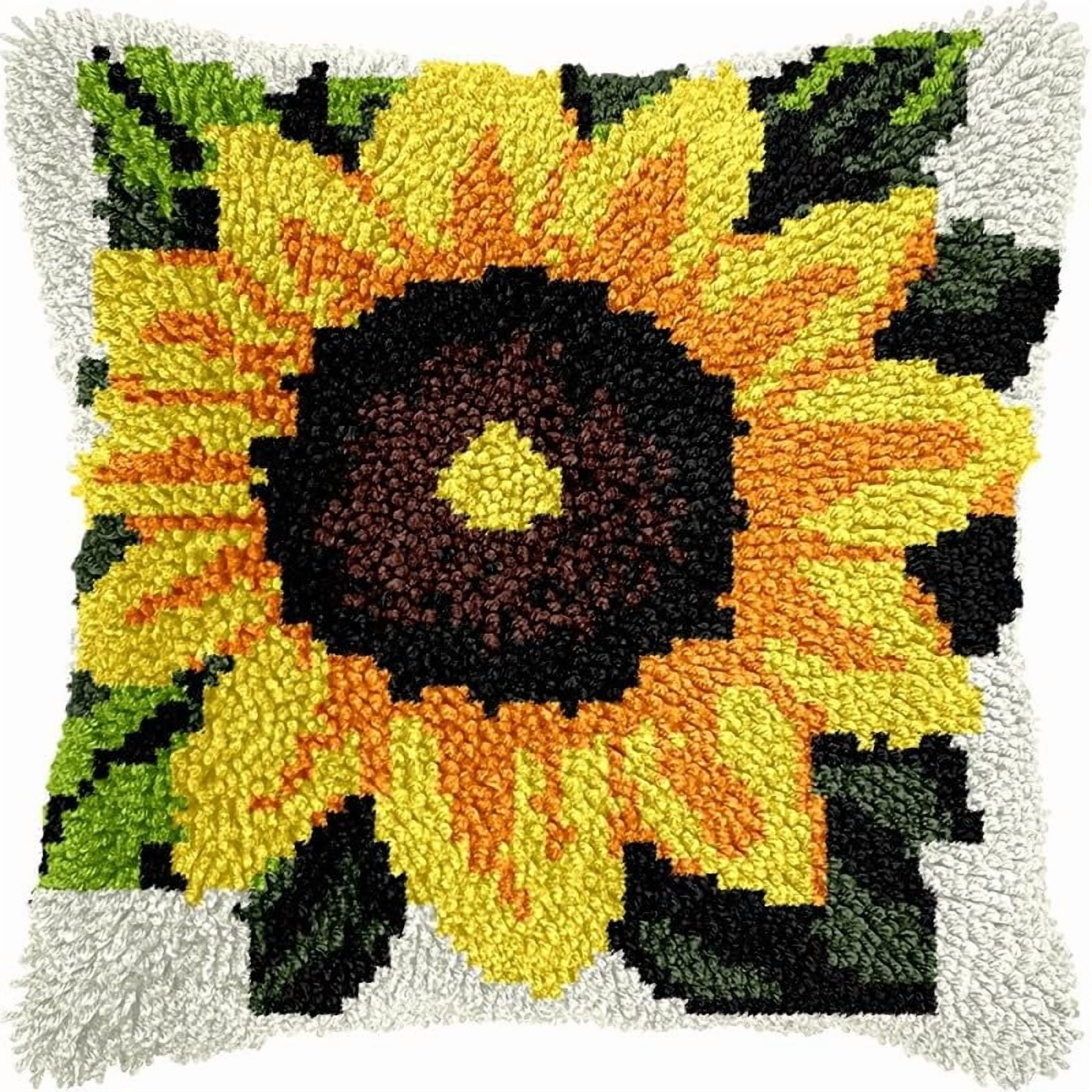 Latch Hook Pillow Kits Sunflower DIY Pillowcase Crochet Hook Cushion Making Kits with Preprinted Pattern Canvas Instruction Yarns Pillow Cover Easy Starter Kits 43x43cm（J145)