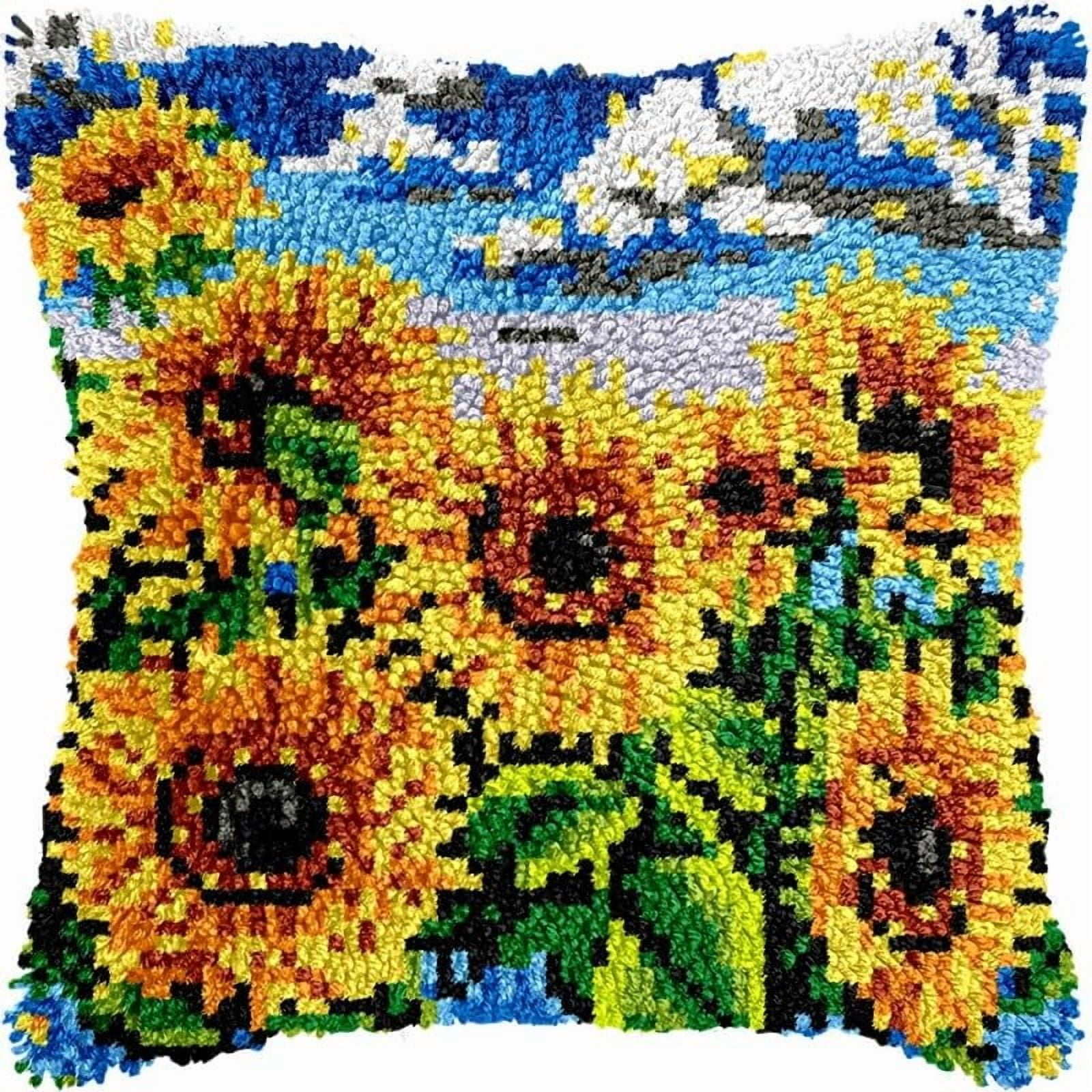 Latch Hook Pillow Kits Suunflowers DIY Pillowcase Crochet Hook Cushion Making Kits with Preprinted Pattern Canvas Instruction Yarns Pillow Cover Easy Starter Kits 43x43cm（J288)