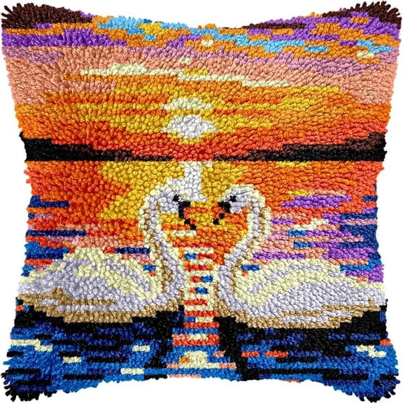 Latch Hook Pillow Kits Swans for DIY Throw Pillow Cross Stitch Hooking Pillowcase Kits with Preprinted Color Pattern Canvas Cushion Kits 17''X 17''(C-186)