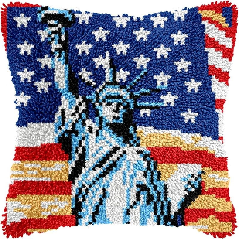 Latch Hook Pillow Kits United Status of Liberty DIY Pillowcase Crochet Hook Cushion Making Kits with Preprinted Pattern Canvas Instruction Yarns Pillow Cover Easy Starter Kits 43x43cm（J5)