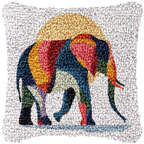 Latch Hook Pillow Kits Vecor Color Elephant DIY Pillowcase Cushion Cover Crochet Hooking Pillow Rug Making Kits with Color Pattern Canvas Crochet Hooking Kits Pillow 43x43cm
