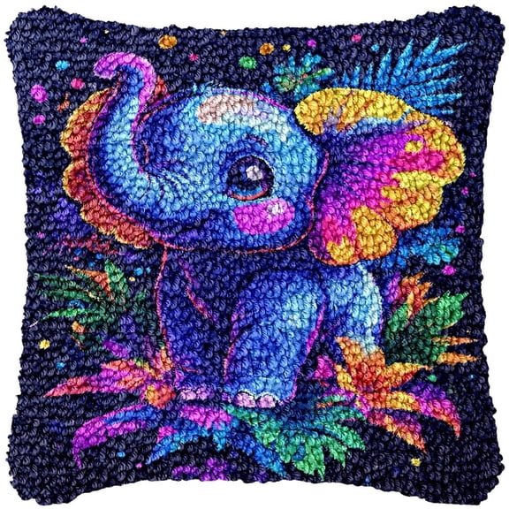 Latch Hook Pillow Kits Vector Color Elephant DIY Pillowcase Cushion Cover Crochet Hooking Pillow Rug Making Kits with Color Pattern Canvas Crochet Hooking Kits Pillow 43x43cm