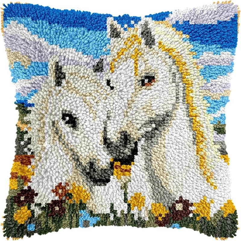 Latch Hook Pillow Kits White Wolf DIY Pillowcase Crochet Hook Cushion Making Kits with Preprinted Pattern Canvas Instruction Yarns Pillow Cover Easy Starter Kits 43x43cm（J355)