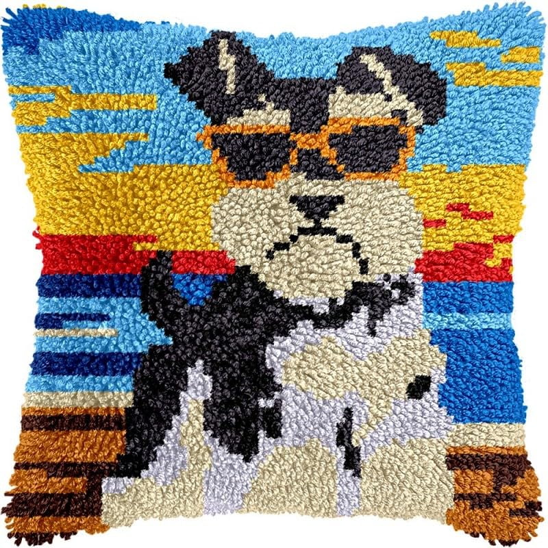 Latch Hook Pillow Kits Yorkshire Terrier DIY Pillowcase Crochet Hook Cushion Making Kits with Preprinted Pattern Canvas Instruction Yarns Pillow Cover Easy Starter Kits 43x43cm（J400)
