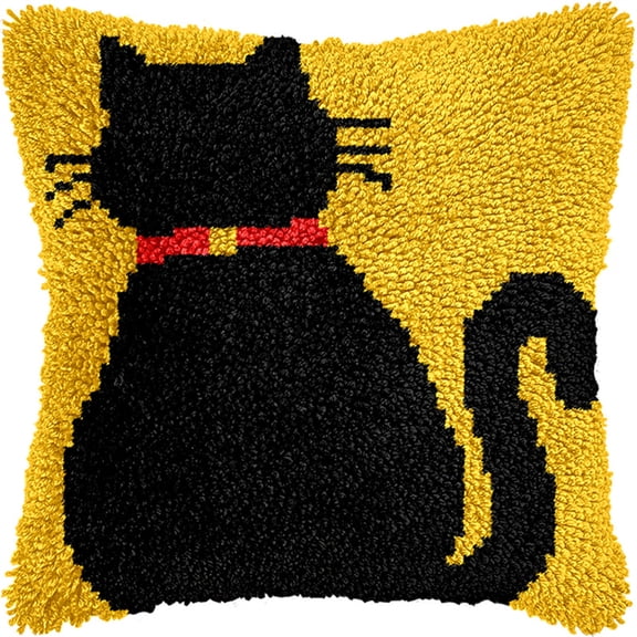 Latch Hook Pillowcase Embroidery Kit,Black Cat, 17X17 Inch Pre-Printed Latch Hook Rug Cushion Cover Kits For Adults And Beginners Cross-Stitch Embroidery Cushion Kit For Home Sofa Decoration