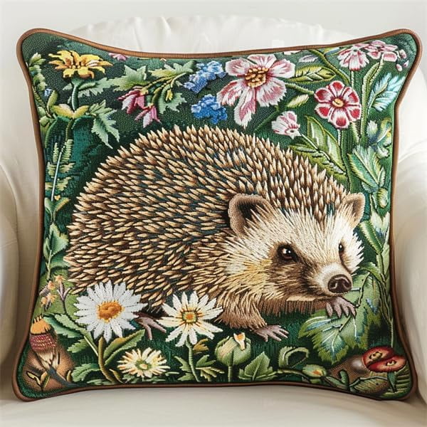 Latch Hook Pillowcase Embroidery Kit,Hedgehog In The Flowers, 17X17 Inch Pre-Printed Latch Hook Rug Cushion Cover Kits For Adults And Beginners Cross-Stitch Embroidery Cushion Kit For Home S