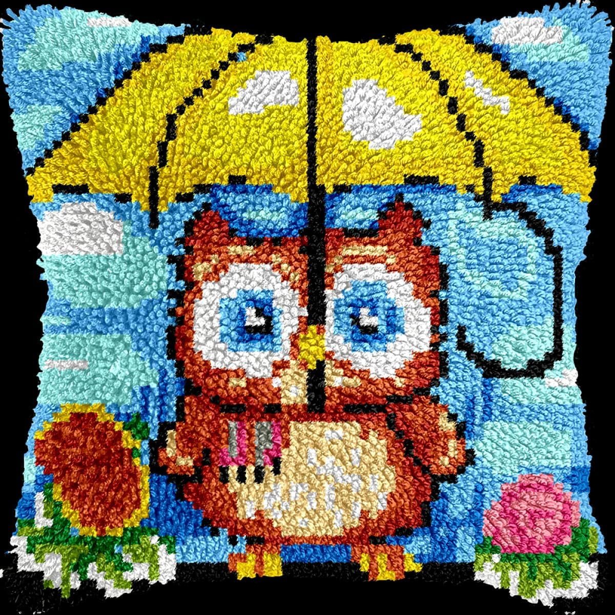Latch Hook Pillowcase Embroidery Kit,Owl With An Umbrella, 17X17 Inch Pre-Printed Latch Hook Rug Cushion Cover Kits For Adults And Beginners Cross-Stitch Embroidery Cushion Kit For Home Sofa