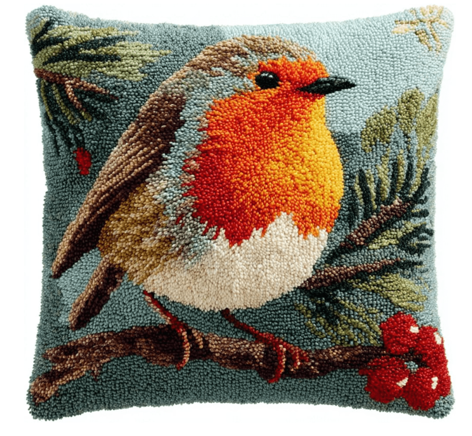 Latch Hook Pillowcase Embroidery Kit,Robin On A Branch, 17X17 Inch Pre-Printed Latch Hook Rug Cushion Cover Kits For Adults And Beginners Cross-Stitch Embroidery Cushion Kit For Home Sofa