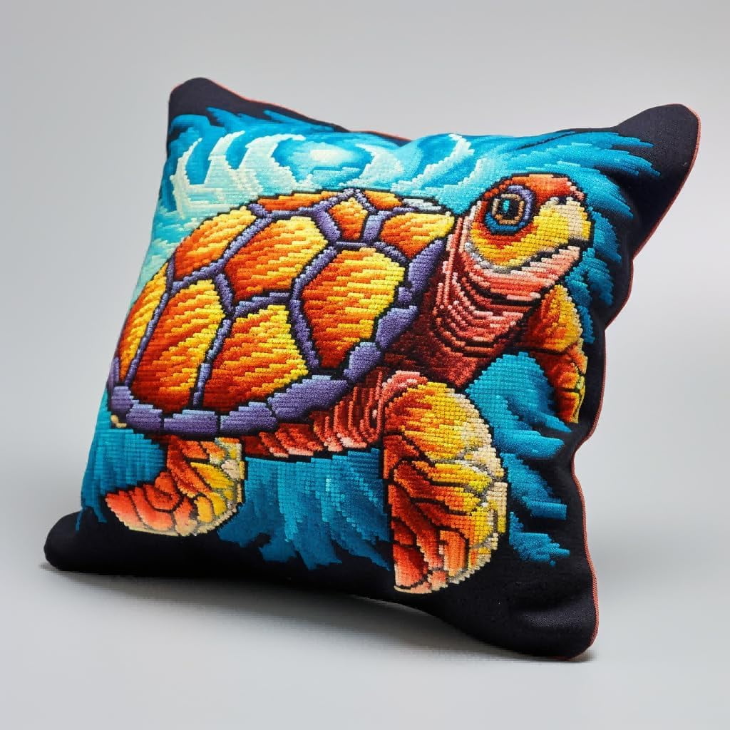Latch Hook Pillowcase Embroidery Kit,Sea Turtle, 17X17 Inch Pre-Printed Latch Hook Rug Cushion Cover Kits For Adults And Beginners Cross-Stitch Embroidery Cushion Kit For Home Sofa Decoratio