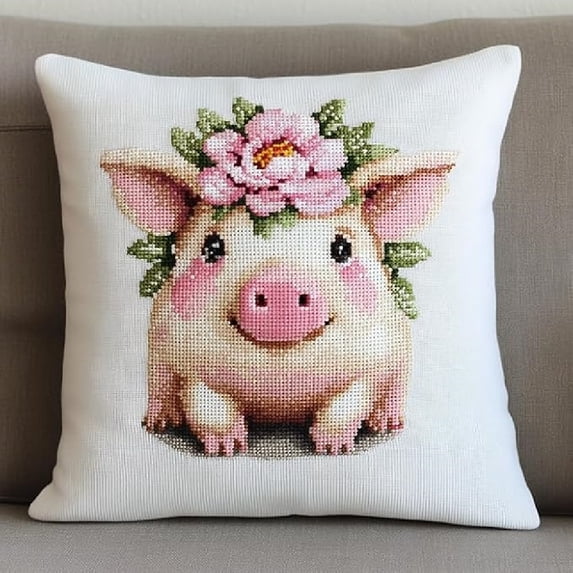 Latch Hook Pillowcase Kits Printed Canvas Cushion Latch Hook Pillow Kits 17x17inch - Animal pig and flowers