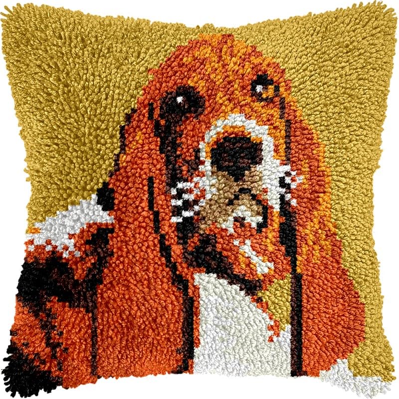 Latch Hook Pillows Kits Basset Dog Cushion Pillow Cover with Pattern Printed Canvas Sofa Throw Pillow Hooking Pillowcase Crafts Embroidery Latch Hooking Crochet Kits Set 17x17 inch(58)