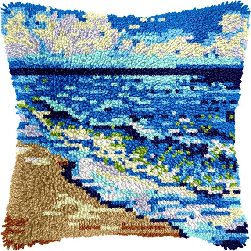 Seaside Water Latch Hook Pillow Kits Pillow Cover Pattern Printed Canvas Crochet Cross Stich Hooking Pillowcase Cushion Crafts Embroidery Latch Hooking Crochet Kits Set 17x17 inch(50)