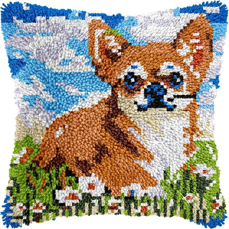 Latch Hook Pillows Kits Chihuahua in Flower Cushion Pillow Cover with Pattern Printed Canvas Sofa Throw Pillow Hooking Pillowcase Crafts Embroidery Latch Hooking Crochet Kits Set 17x17 inch(59)