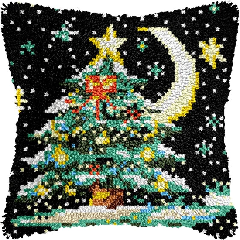 Latch Hook Pillows Kits Christmas Tree & Stars Cushion Pillow Cover with Pattern Printed Canvas Sofa Throw Pillow Hooking Pillowcase Crafts Embroidery Latch Hooking Crochet Kits Set 17x17 inch(48)