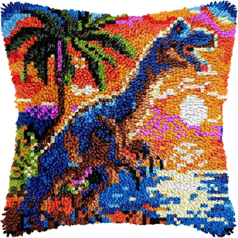 Latch Hook Pillows Kits Dinosaur Cushion Pillow Cover with Pattern Printed Canvas Sofa Throw Pillow Hooking Pillowcase Crafts Embroidery Latch Hooking Crochet Kits Set 17x17 inch(1)