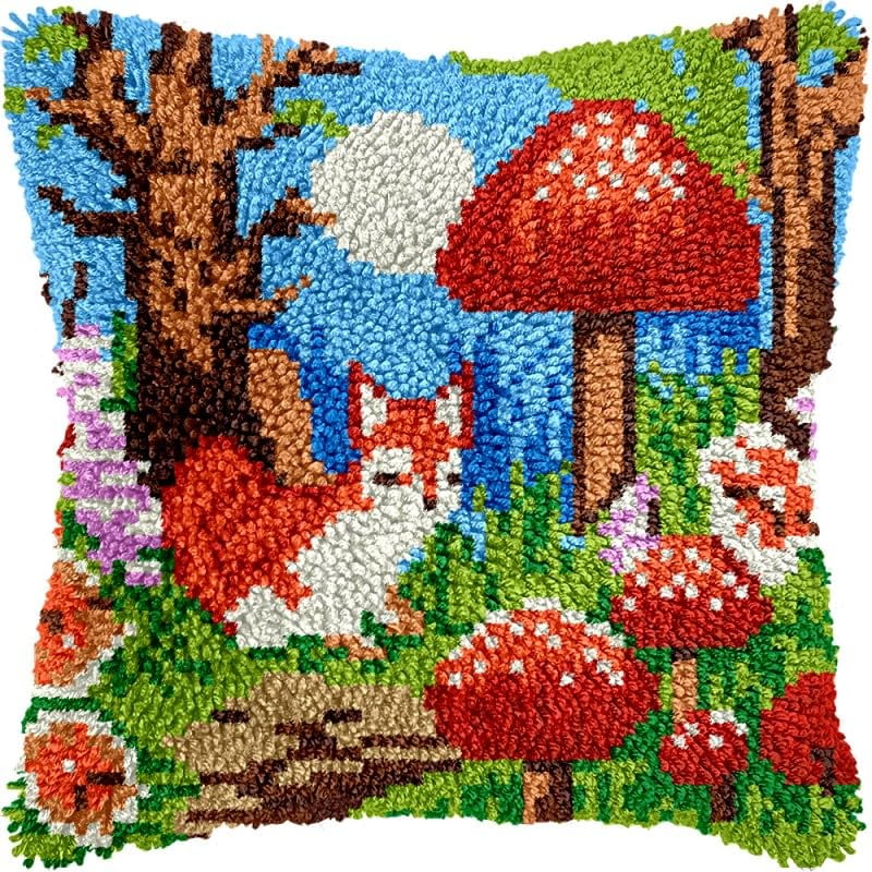 Latch Hook Pillows Kits Fox and Mushrooms Cushion Pillow Cover with Pattern Printed Canvas Sofa Throw Pillow Hooking Pillowcase Crafts Embroidery Latch Hooking Crochet Kits Set 17x17 inch(98)