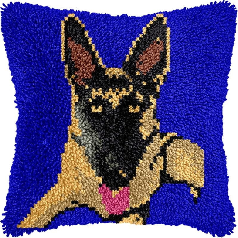 Latch Hook Pillows Kits A German Shepherd Cushion Pillow Cover with Pattern Printed Canvas Sofa Throw Pillow Hooking Pillowcase Crafts Embroidery Latch Hooking Crochet Kits Set 17x17 inch(111)
