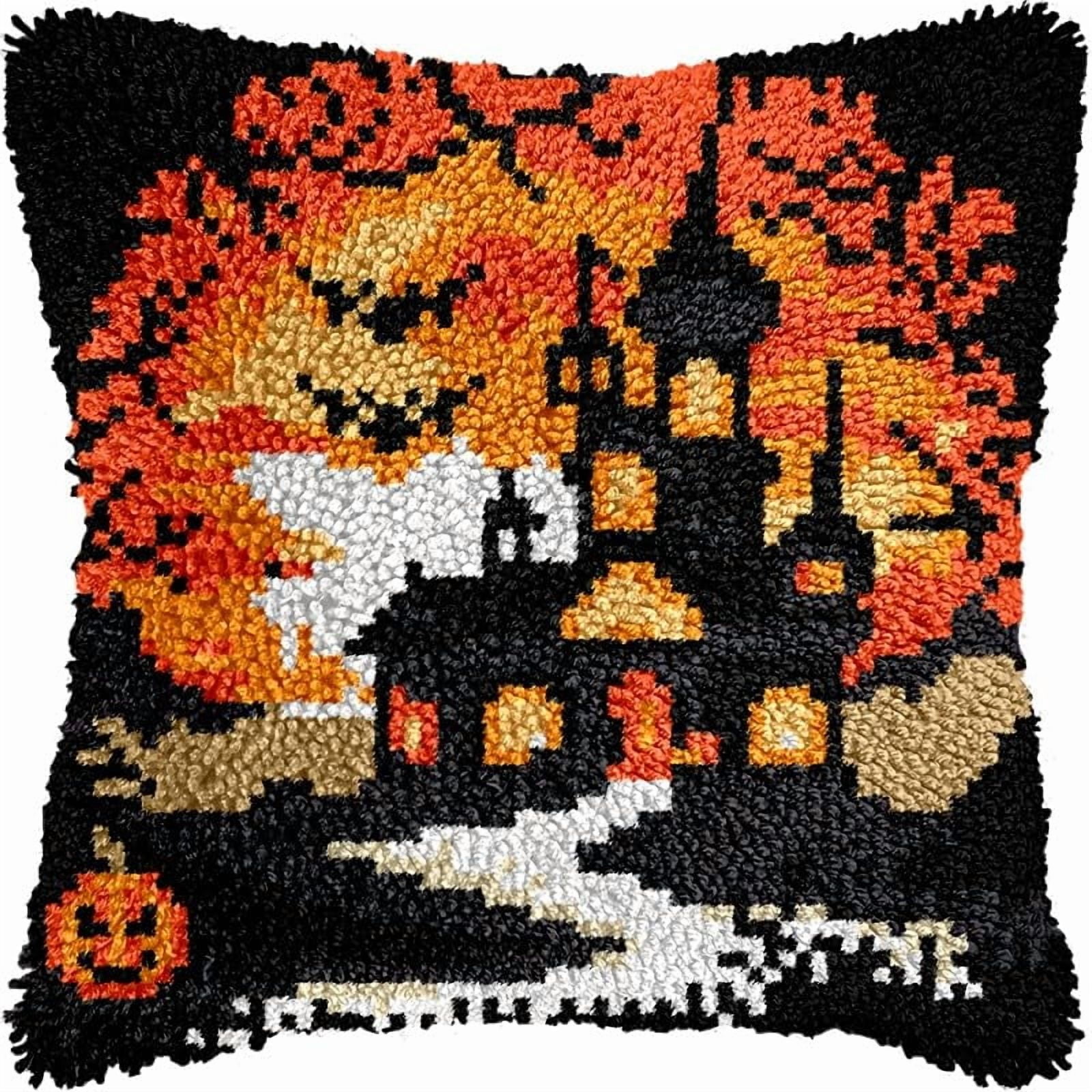 Latch Hook Pillows Kits Halloween Castle Cushion Pillow Cover with Pattern Printed Canvas Sofa Throw Pillow Hooking Pillowcase Crafts Embroidery Latch Hooking Crochet Kits Set 17x17 inch(10)