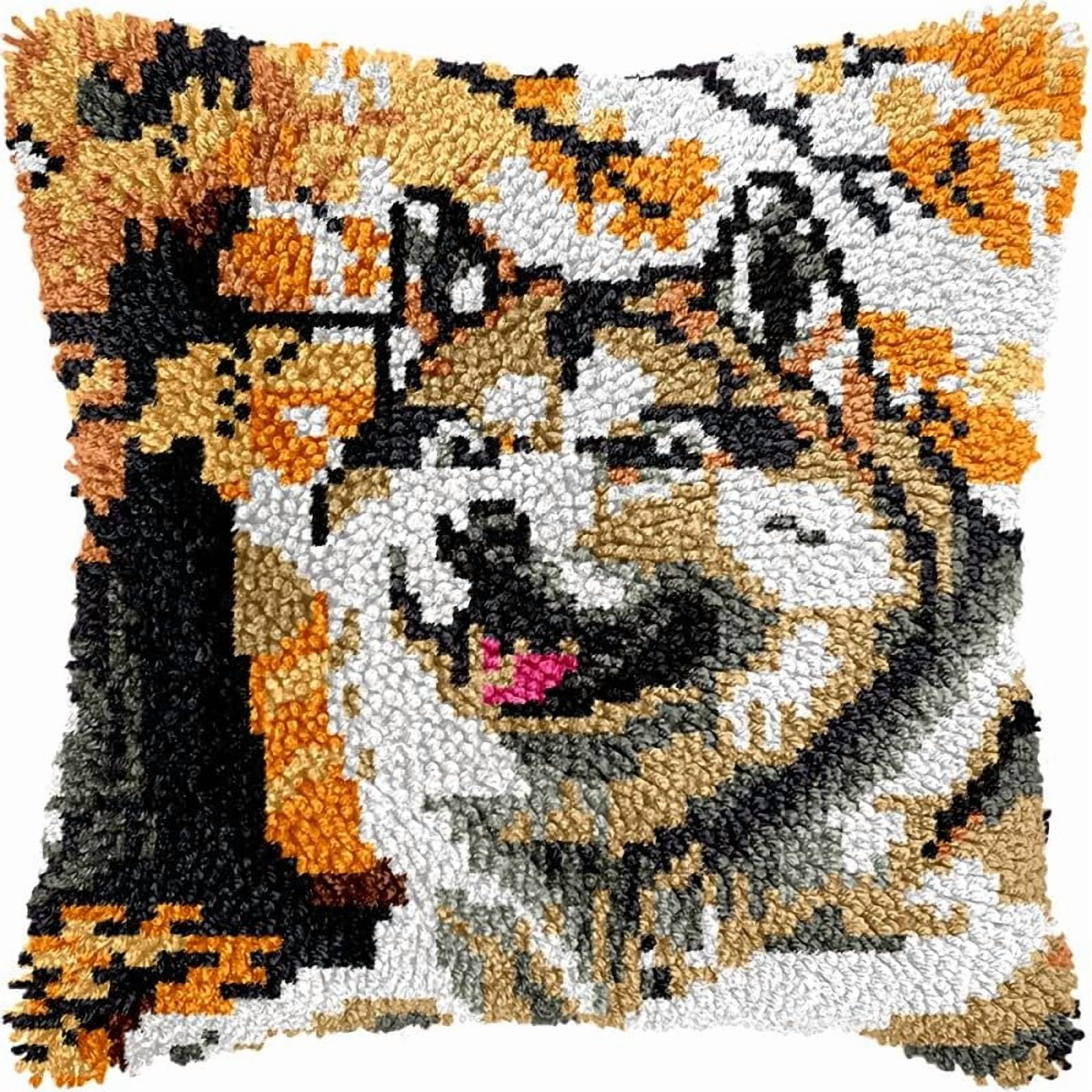 Latch Hook Pillows Kits Husky in Autumn Cushion Pillow Cover with Pattern Printed Canvas Sofa Throw Pillow Hooking Pillowcase Crafts Embroidery Latch Hooking Crochet Kits Set 17x17 inch(26)