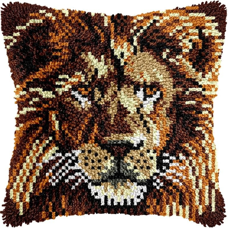 Latch Hook Pillows Kits Lion Cushion Pillow Cover with Pattern Printed Canvas Sofa Throw Pillow Hooking Pillowcase Crafts Embroidery Latch Hooking Crochet Kits Set 17x17 inch(76)