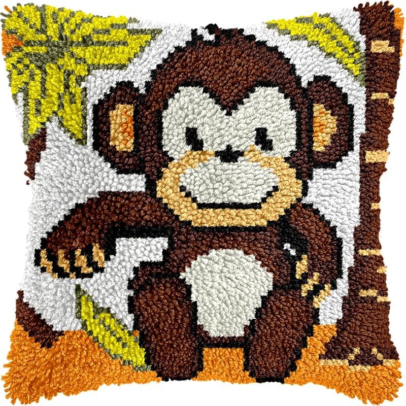 Latch Hook Pillows Kits Monkey Cushion Pillow Cover with Pattern Printed Canvas Sofa Throw Pillow Hooking Pillowcase Crafts Embroidery Latch Hooking Crochet Kits Set 17x17 inch(77)