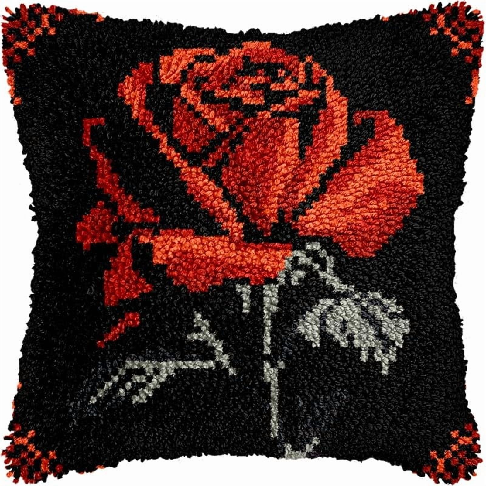 Latch Hook Pillows Kits Red Rose Bonquet Cushion Pillow Cover with Pattern Printed Canvas Sofa Throw Pillow Hooking Pillowcase Crafts Embroidery Latch Hooking Crochet Kits Set 17x17 inch(17)
