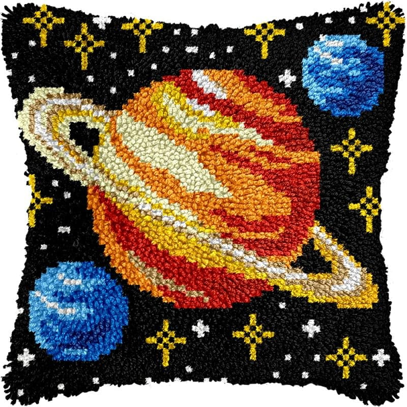 Latch Hook Pillows Kits Saturn Planet Cushion Pillow Cover with Pattern Printed Canvas Sofa Throw Pillow Hooking Pillowcase Crafts Embroidery Latch Hooking Crochet Kits Set 17x17 inch(95)