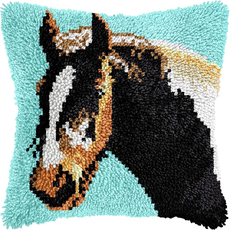 Latch Hook Pillows Kits Steed Horse Cushion Pillow Cover with Pattern Printed Canvas Sofa Throw Pillow Hooking Pillowcase Crafts Embroidery Latch Hooking Crochet Kits Set 17x17 inch(106)