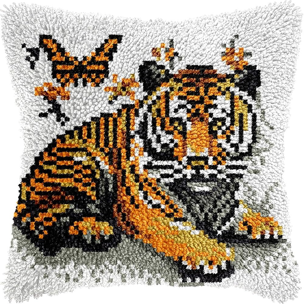 Tiger & Butterfly Latch Hook Pillow Kits Pillow Cover Latch Hook Crafts Crochet Knitted Hooking Pillowcase Cushion Crafts Embroidery Latch Hooking Kits Material Set 17x17 inch(81)