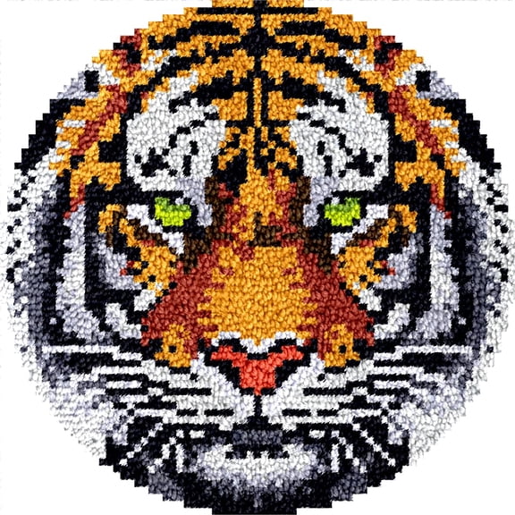 Latch Hook Round Rug Kits Animal Tiger for Beginner Needle Crochet Yarn Kits Embroidery Carpet Cushion Hook and Latch Kit Tapestry Christmas Home Decoration 45x45cm(1)