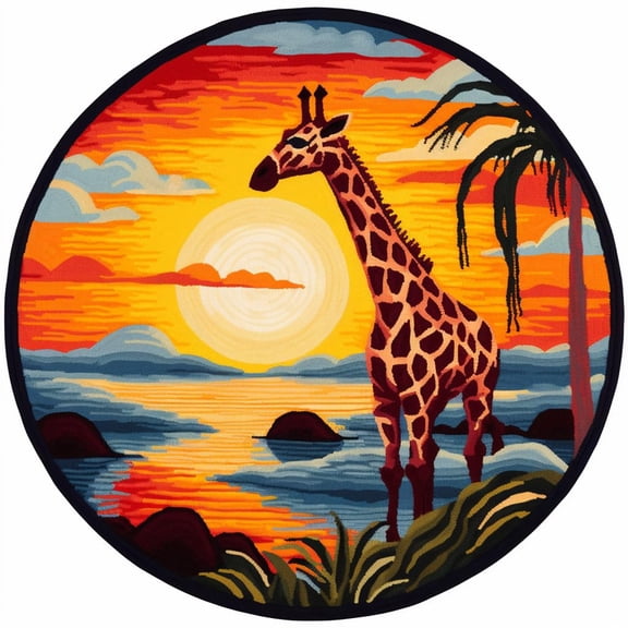 Latch Hook Round Rug Kits Sunset Tree Giraffe for Beginner Needle Crochet Yarn Kits Embroidery Carpet Cushion Hook and Latch Kit Tapestry Christmas Home Decoration 50x50cm(1)