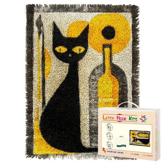 Latch Hook Rug Kit Abstract Black Cat Pre-printed Handmade Carpet Crochet Yarn Craft DIY Hook and Latch Door Mat Tapestry for Home Floor Decoration 52x38cm-1