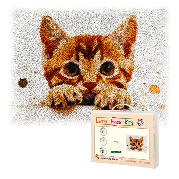 Latch Hook Rug Kit Adorable Brown Cat Peeking Pre-Printed Handmade Carpet Crochet Yarn Craft DIY Hook and Latch Door Mat Tapestry for Home Floor Decoration 52x38cm-2