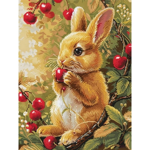 Latch Hook Rug Kit For Adults Rabbit Eating Cherries Diy Craft Rug Making Kit Set Tapestry Cushion Knitting Patterns Printed Mesh Mat Canvas Wool Yarn Fabric Decorations Home Gift