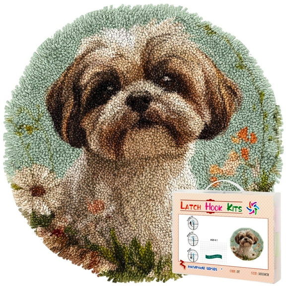 Latch Hook Rug Kit for Adults Shih Tzu Dog and FlowersStamped Handmade Round Shape Carpet Crochet Yarn Craft DIY Hook and Latch Door Mat Tapestry for Home Floor Decor 50x50cm(1)