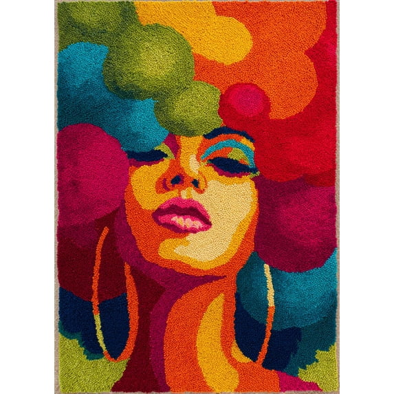 Hooking Rugs House Latch Hook Rug Kit African Woman with Colorful Afro Hair DIY Cushion ...