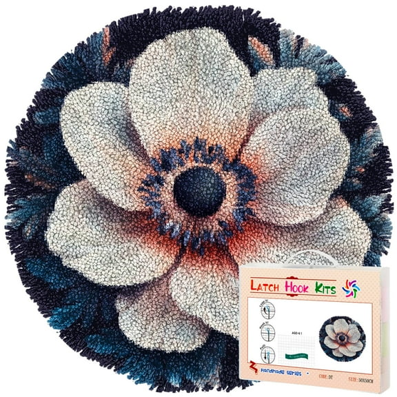 Latch Hook Rug Kit Anemone Flowers Stamped Handmade Round Shape Carpet Crochet Yarn Craft DIY Hook and Latch Door Mat Tapestry for Home Floor Decor 50x50cm(3)